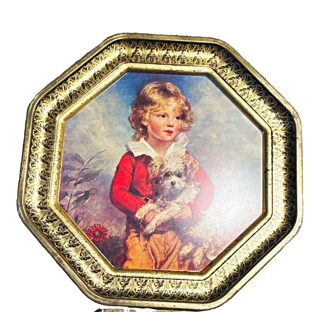 Vintage Metal Tin Octagon Dual Lids French Boy with Dog & Miss Willoughby